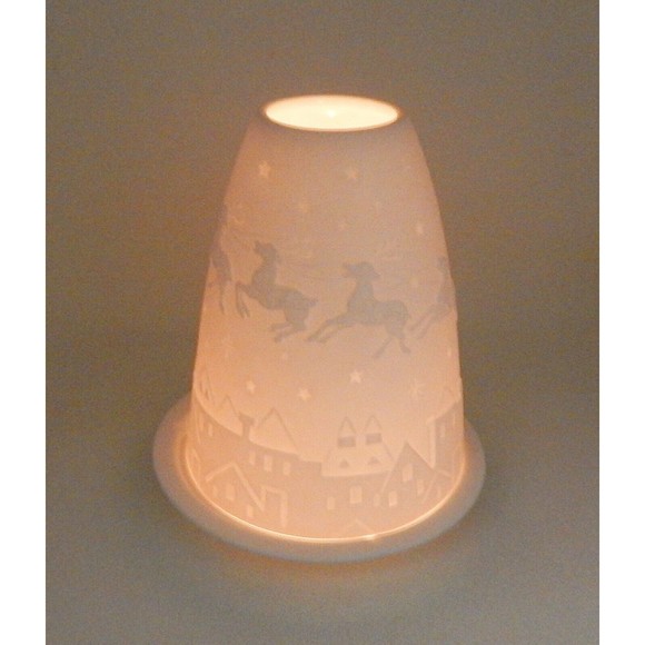 Lithophane Fairy Lamp Santa Claus Reindeer In Flight White Bisque Candle Holder - Picture 8 of 8